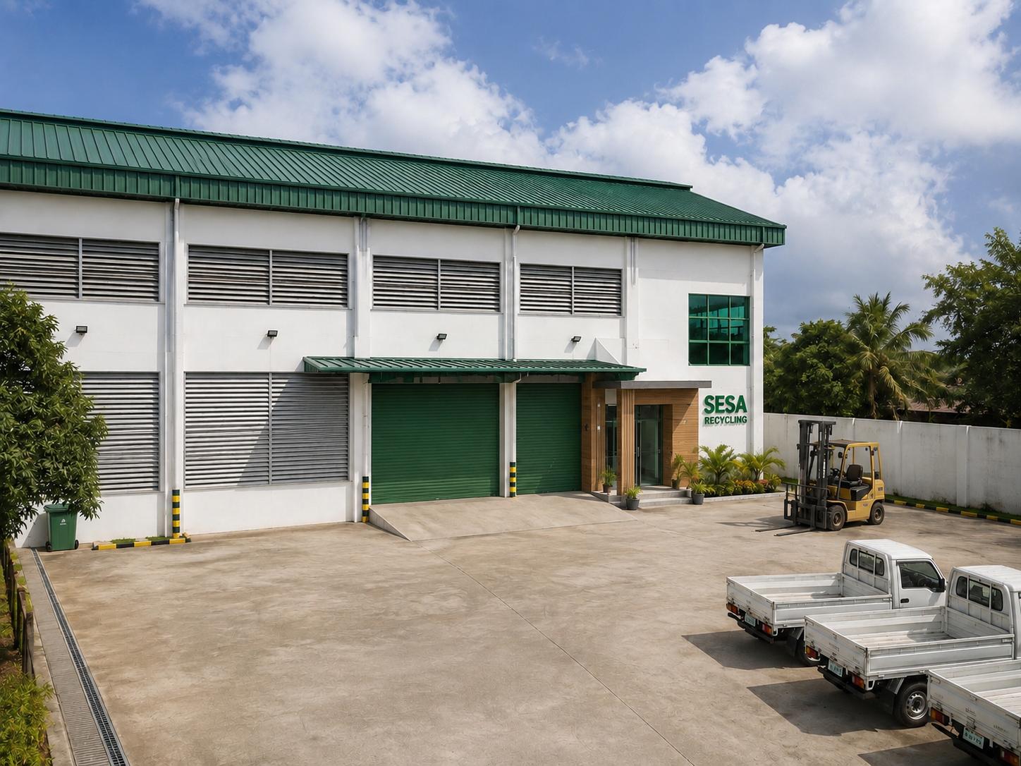 SESA Recycling warehouse with collection trucks and forklift